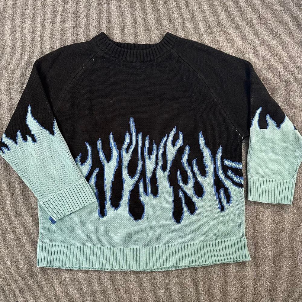 Tide Card Log Unisex Y2K Chunky Sweater Blue Flame Streetwear 2000’s XXL